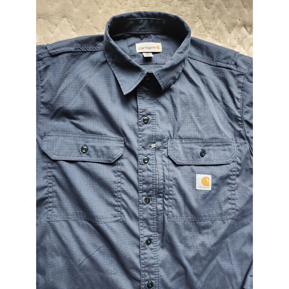 Carhartt Mens Long Sleeve Ripstop Work Shirt Navy Utility Button Down Medium